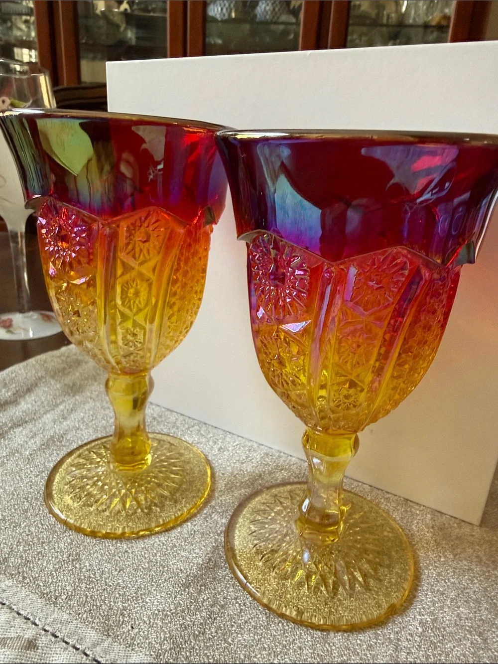Vintage ca 1970’s Indiana Glass goblets Amberina Sunset red to yellow gradient